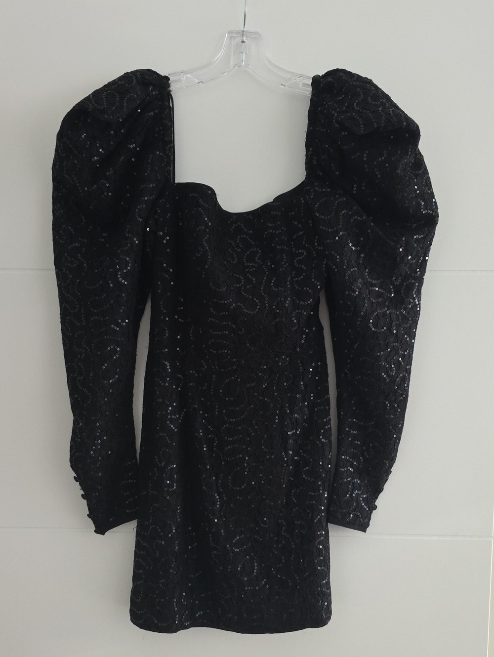 LPA Black Sequin Long-Sleeve Puff-Sleeve Mini Dress
